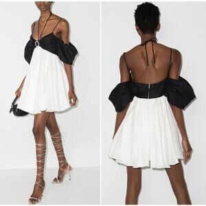 NWT Rasario Linen Off Shoulder Mini Dress, Black/White/Crystal, FR36/US4